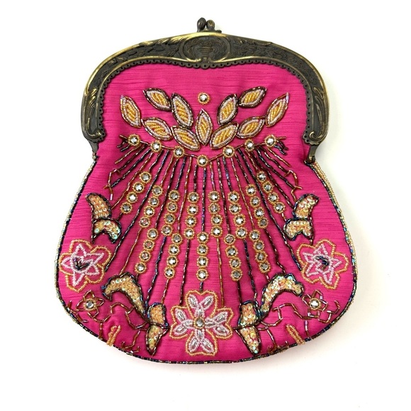 Handbags - Vintage Pink Beaded Evening Bag Gold Frame Chain Strap Art Deco Glam